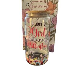 Just a Girl Who Loves Butterflies Glass Tumbler Bamboo Lid Stainless Straw 16 oz